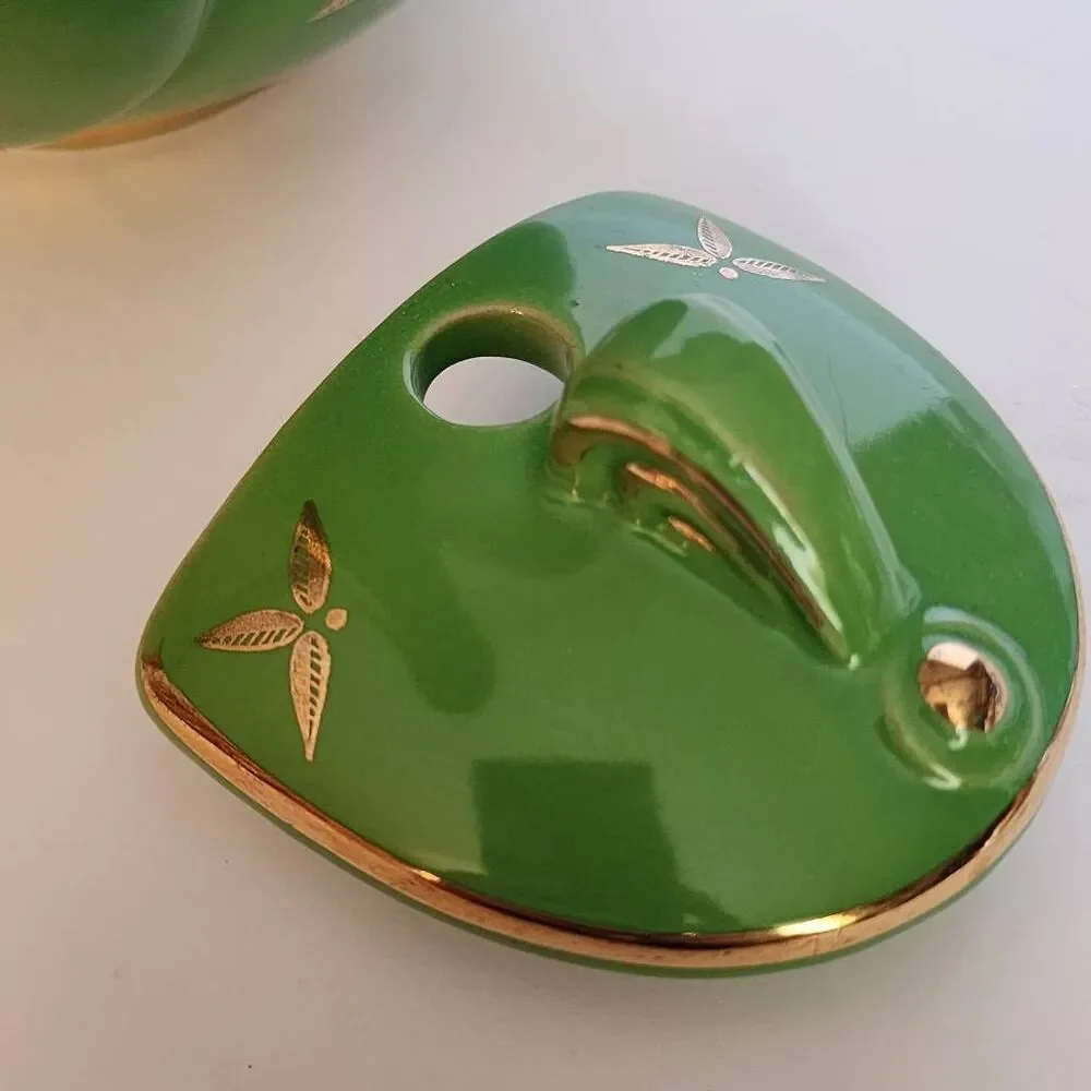 Vintage Hall China Art Deco Tea Pot 6Cup Green Glaze And Gold Floral Trim and Ac